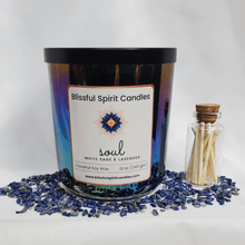 Load image into Gallery viewer, coconut soy candle with wooden wick 12 oz aura vessel- text candle name Soul, white prop background, white sage and lavender fragrance