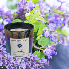 Load image into Gallery viewer, coconut soy candle with wooden wick 12 oz aura vessel- text candle name Soul, white prop background, white sage and lavender fragrance