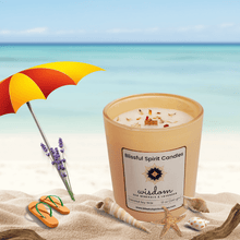 Load image into Gallery viewer, coconut soy candle with wooden wick 12 oz aura vessel- text candle name wisdom, white prop background, sea minerals and lavender fragrance