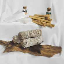 Load image into Gallery viewer, Eergy Clearing Bundle Sage Palo Santo sticks, selenite and crystals white background.