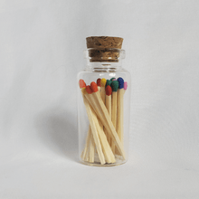 Load image into Gallery viewer, Wooden Matches with Glass Jar, mini 25 ml jar with 25 wooden matches 1.75" colored tip, with white background