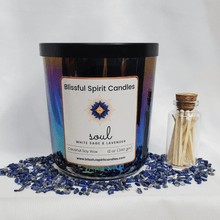 Load image into Gallery viewer, coconut soy candle with wooden wick 12 oz aura vessel- text candle name Soul, white prop background, white sage and lavender fragrance
