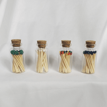 Load image into Gallery viewer, Wooden Matches with Glass Jar, mini 25 ml jar with 25 wooden matches 1.75&quot; colored tip, with white background
