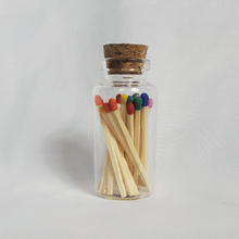 Load image into Gallery viewer, Wooden Matches with Glass Jar, mini 25 ml jar with 25 wooden matches 1.75&quot; colored tip, with white background
